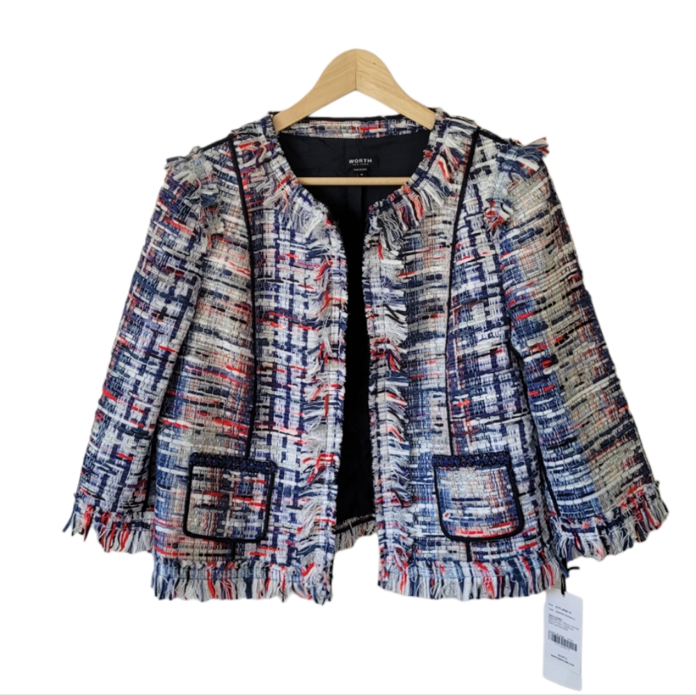 Worth Multicolor Tweed Fringed Open-Front Blazer Jacket